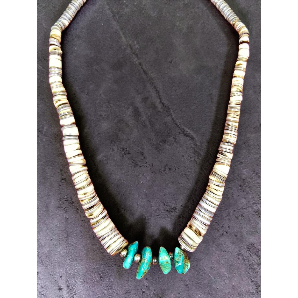 Santo Domingo Shell Heishi Turquoise Nugget Necklace 52.3g Vintage Handmade